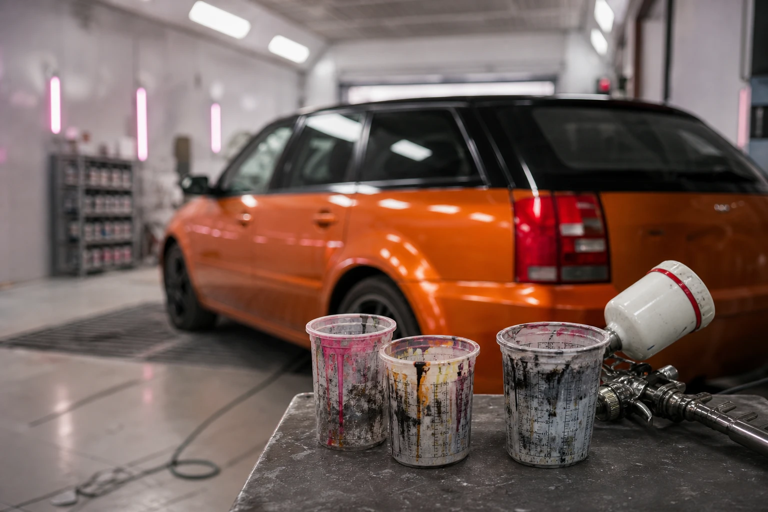 Werkstattansicht mit orangefarbenem Fahrzeug, Farbmischbechern und Spritzpistole